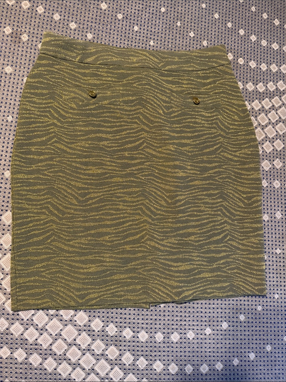 Michael Kors Olive Zebra-Pattern Mini Skirt with Gold Buttons